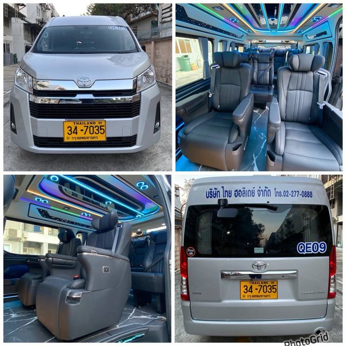 圖中展示了帶有定制藍色燈光內飾的灰色小型貨車的前視圖、側視圖和後視圖。