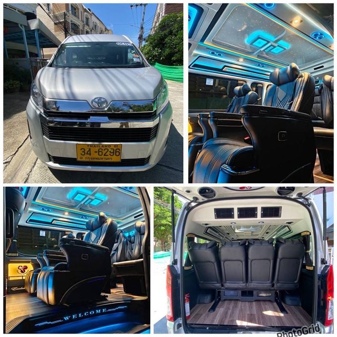 一輛客製化的白色豐田廂型車拼貼畫，內裝採用藍色燈光營造豪華氛圍，後部設有貨物空間。