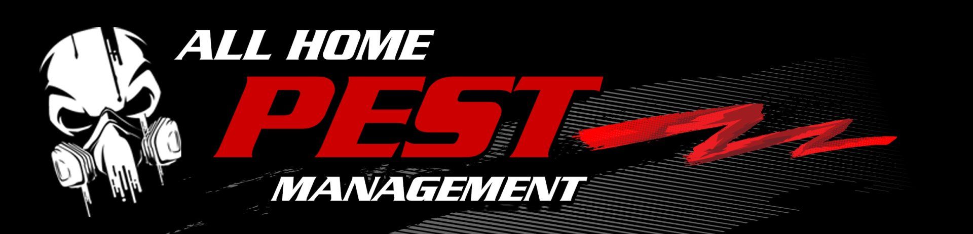 A logo for all home pest management with a skull on it
