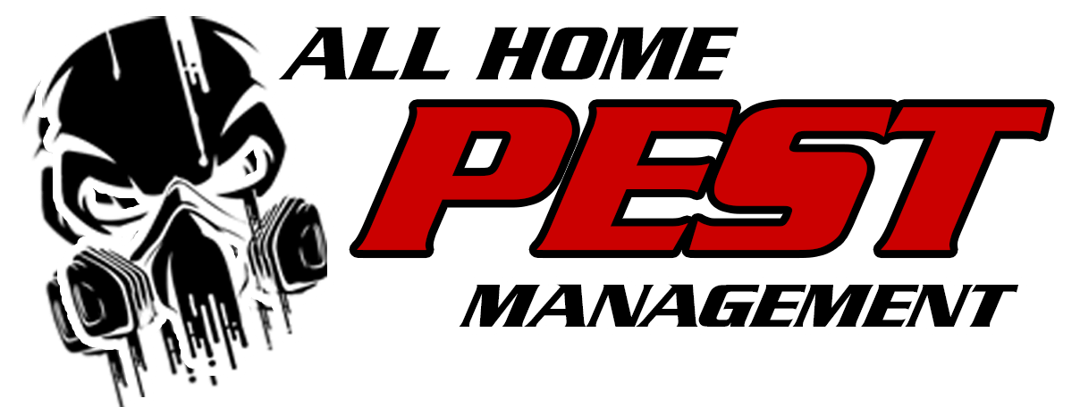 A logo for all home pest management with a skull wearing a gas mask.