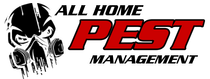A logo for all home pest management with a skull wearing a gas mask.