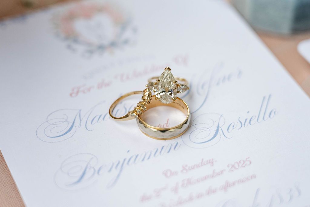 Gold wedding rings on a marriage certificate with elegant script text