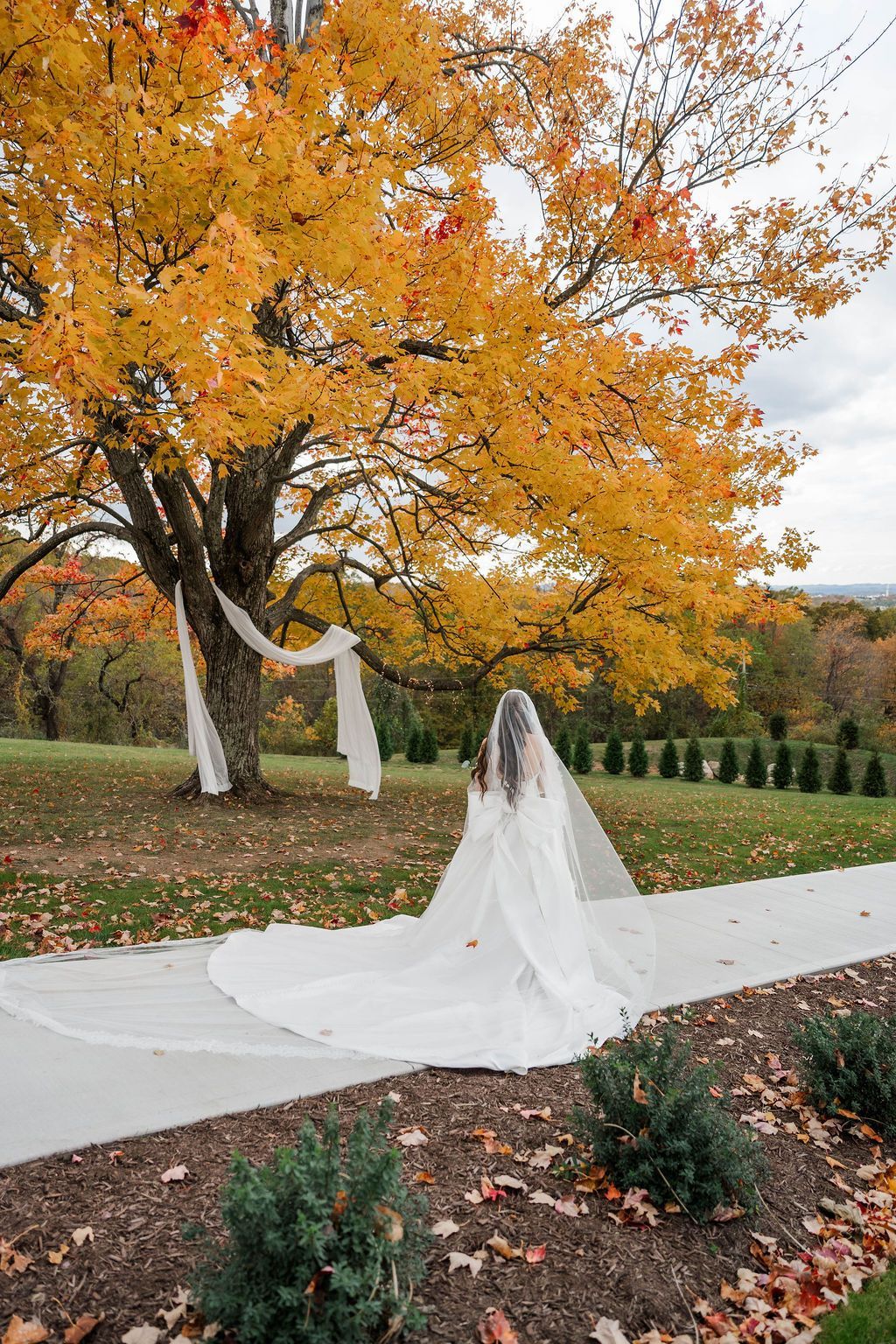 Bride in long white veil standing on a path under autumn trees with orange leaves and a white ribbon arch