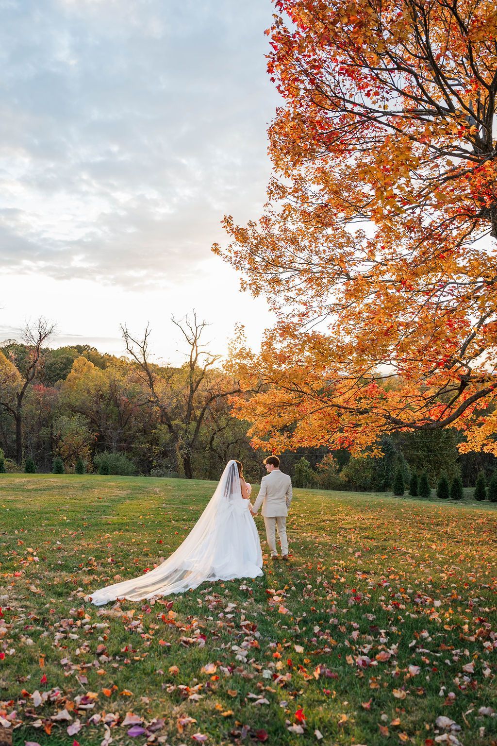 Bride and groom in a leafy autumn field beneath a tree with orange leaves
