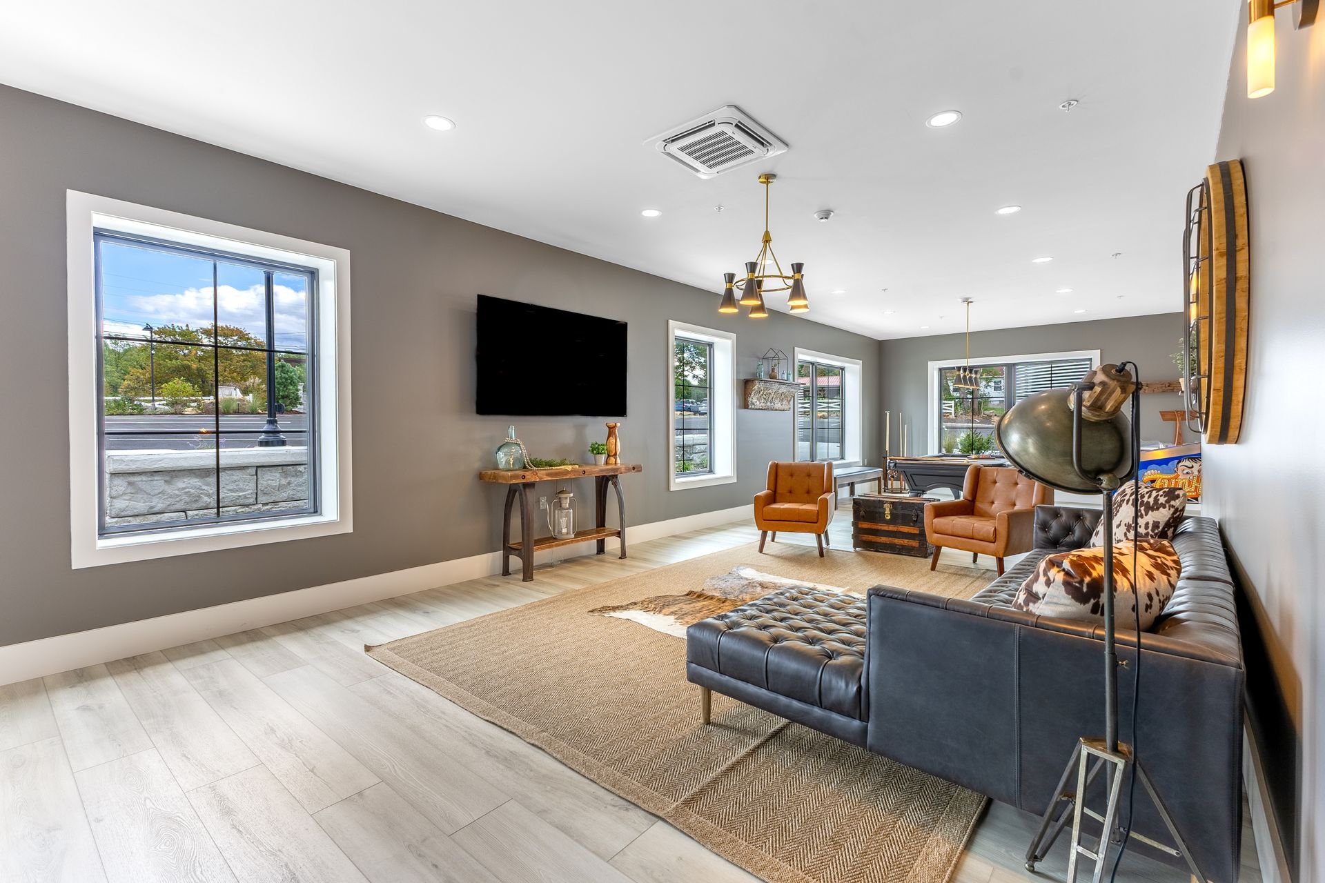 Bright modern living room with gray walls, mounted TV, fireplace, rug, and large windows overlooking a lake.