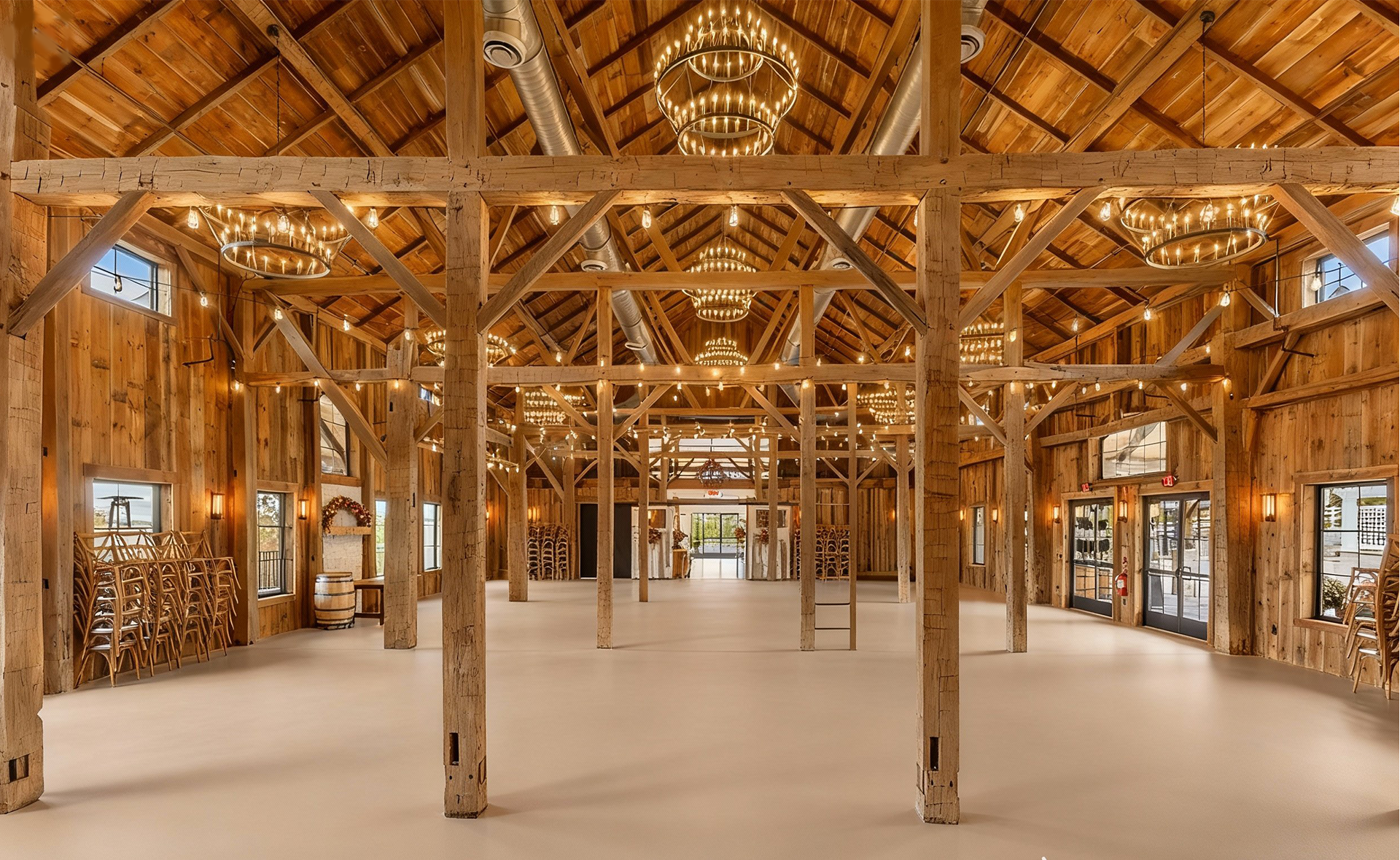 Interior of a large wooden barn with exposed beams, string lights, and a polished concrete floor.