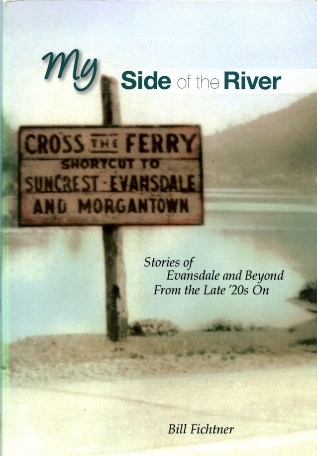 Book cover of “My Side of the River” with a ferry sign by a river and mountains in the background