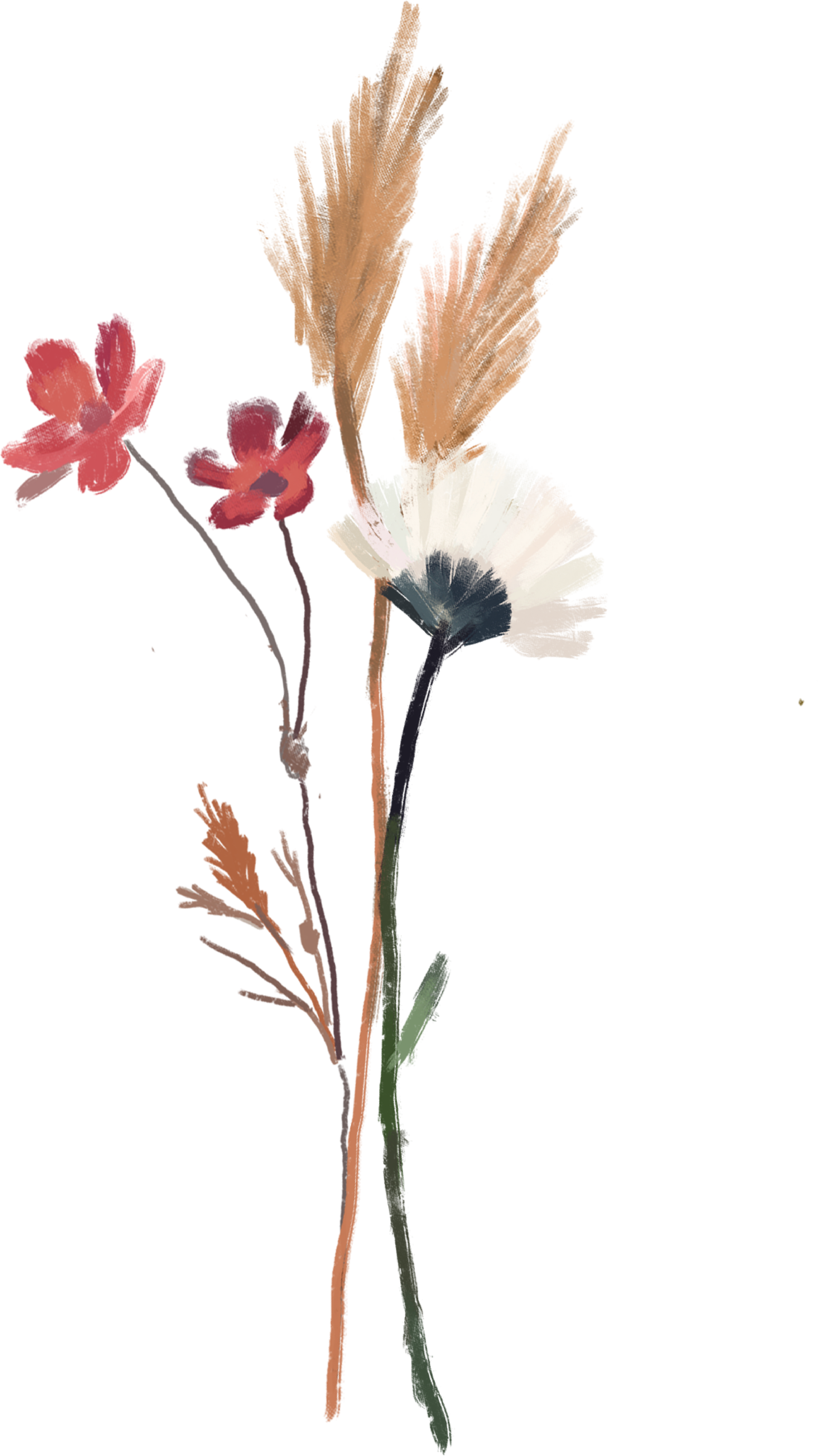 Watercolor bouquet with red, white, and brown flowers.