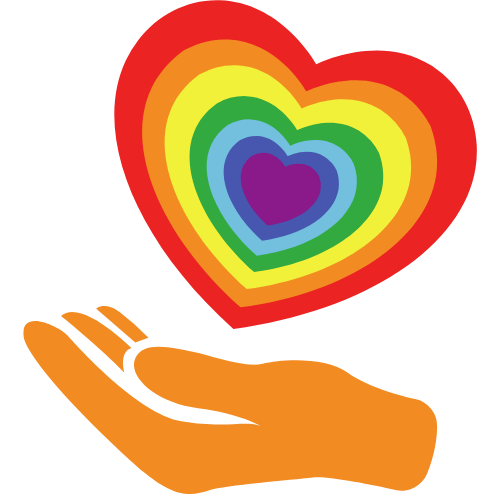 A hand is holding a rainbow heart in its palm