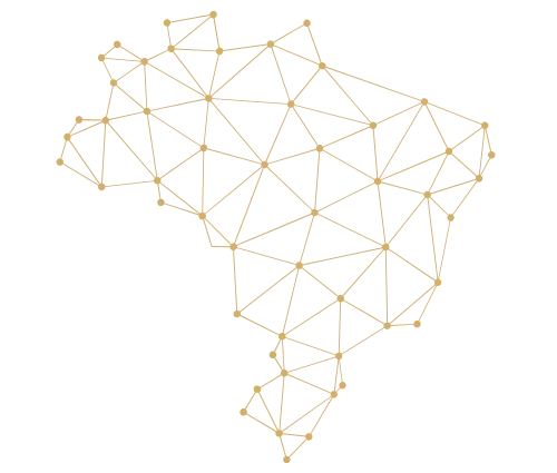 Mapa abstrato da América do Sul em estrutura de arame dourado sobre fundo branco.