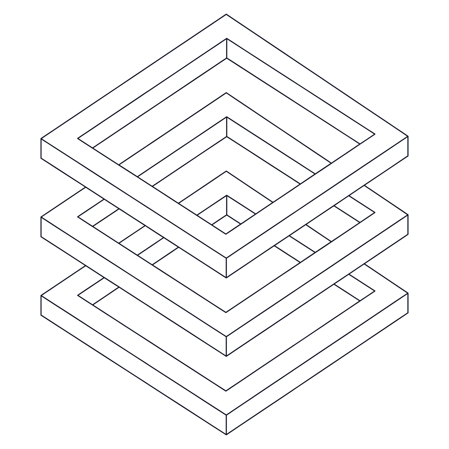 Ilustração isométrica abstrata em preto e branco de molduras quadradas aninhadas e empilhadas, formando uma estrutura 3D em camadas.