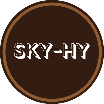 Brown circular logo with white “SKY-HY” text and a tan border