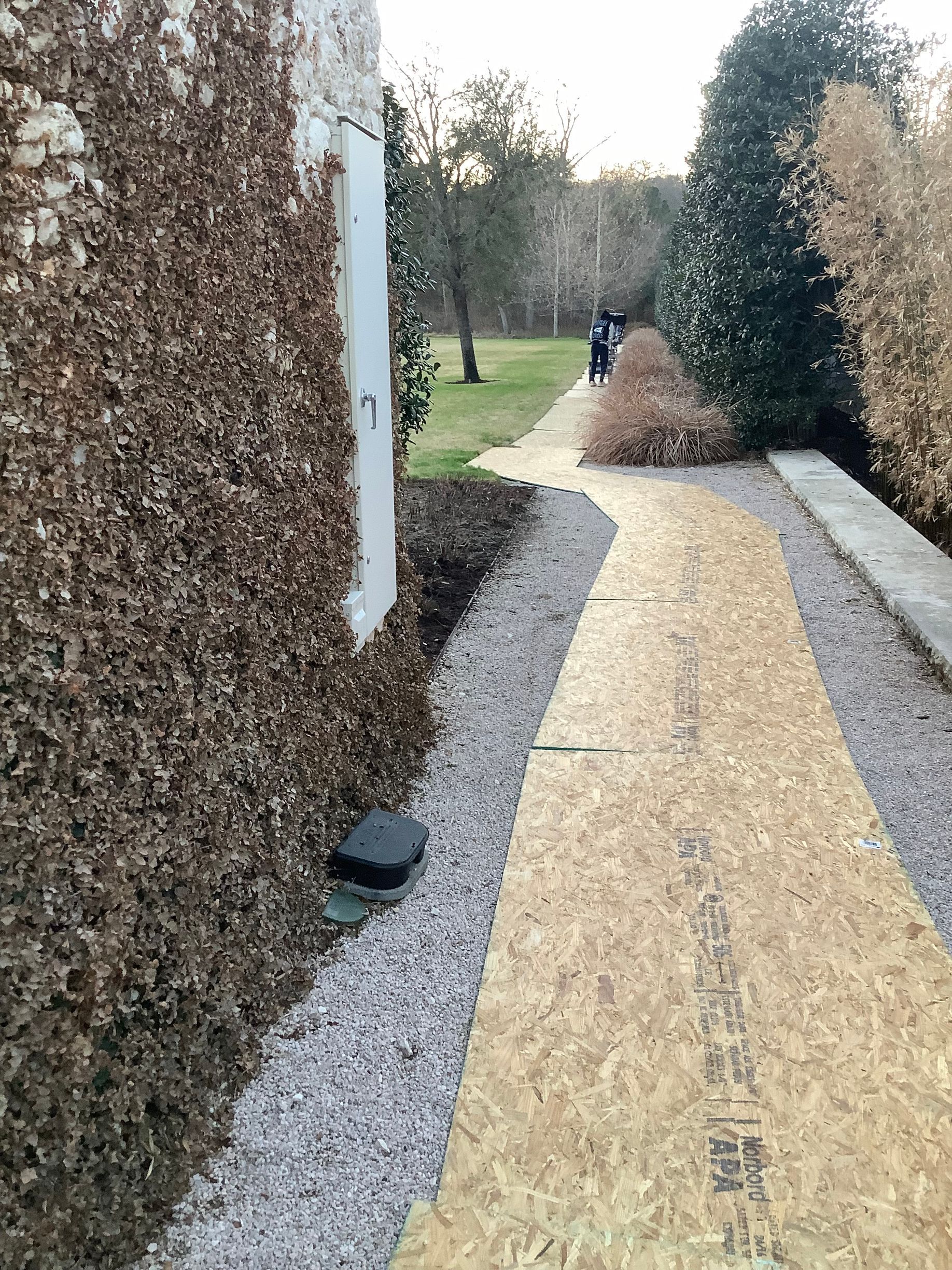 Narrow gravel path between tall hedges, with a yellow walkway and a small light at the left edge.