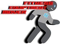 Fitness Equipment Mover logo with a gray running figure and red text
