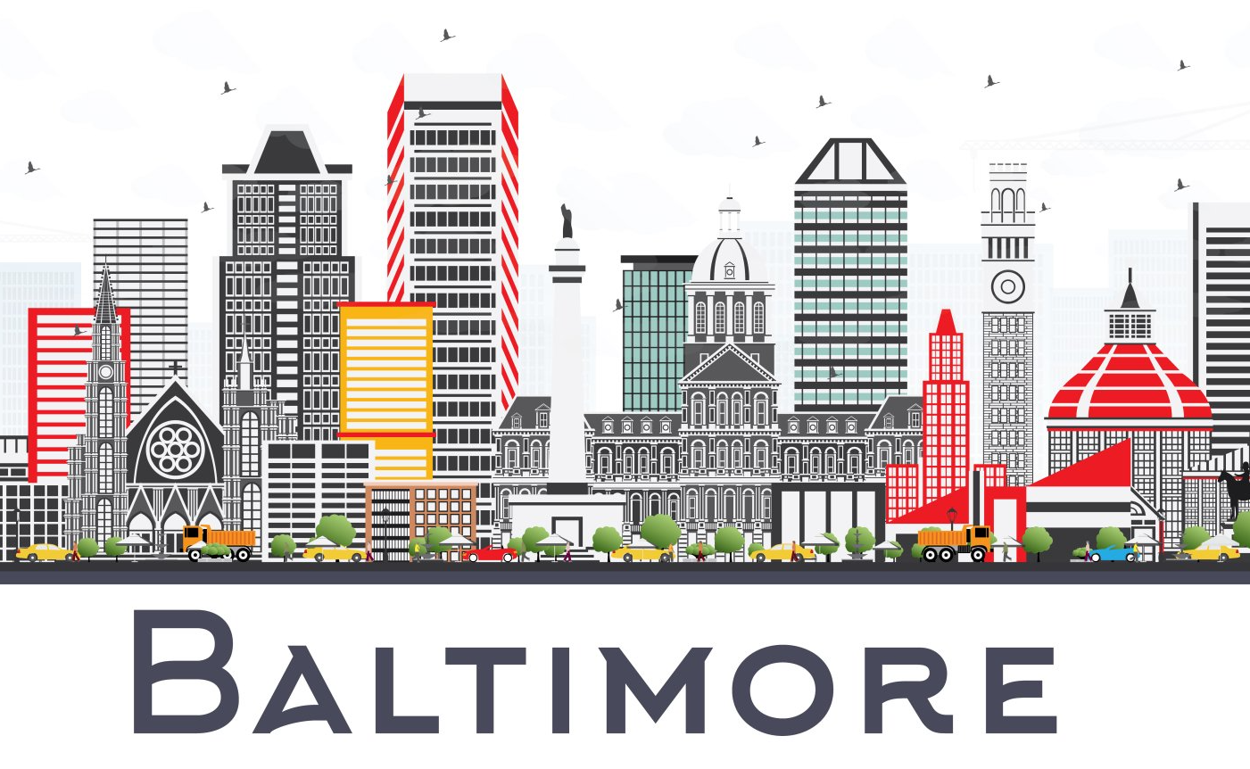 Stylized Baltimore skyline with colorful buildings and large “BALTIMORE” text below