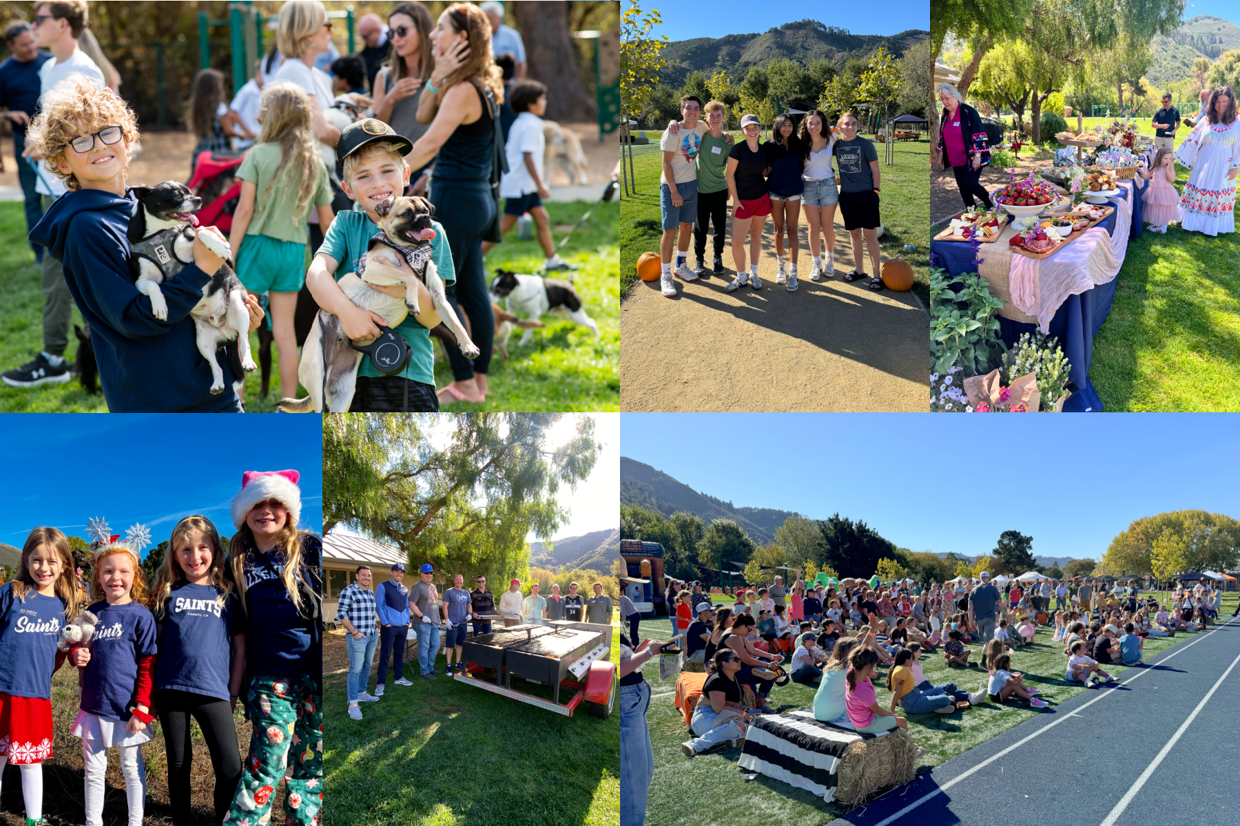 Collage: People at outdoor events, including kids with dogs, posing groups, picnics, and a school event.