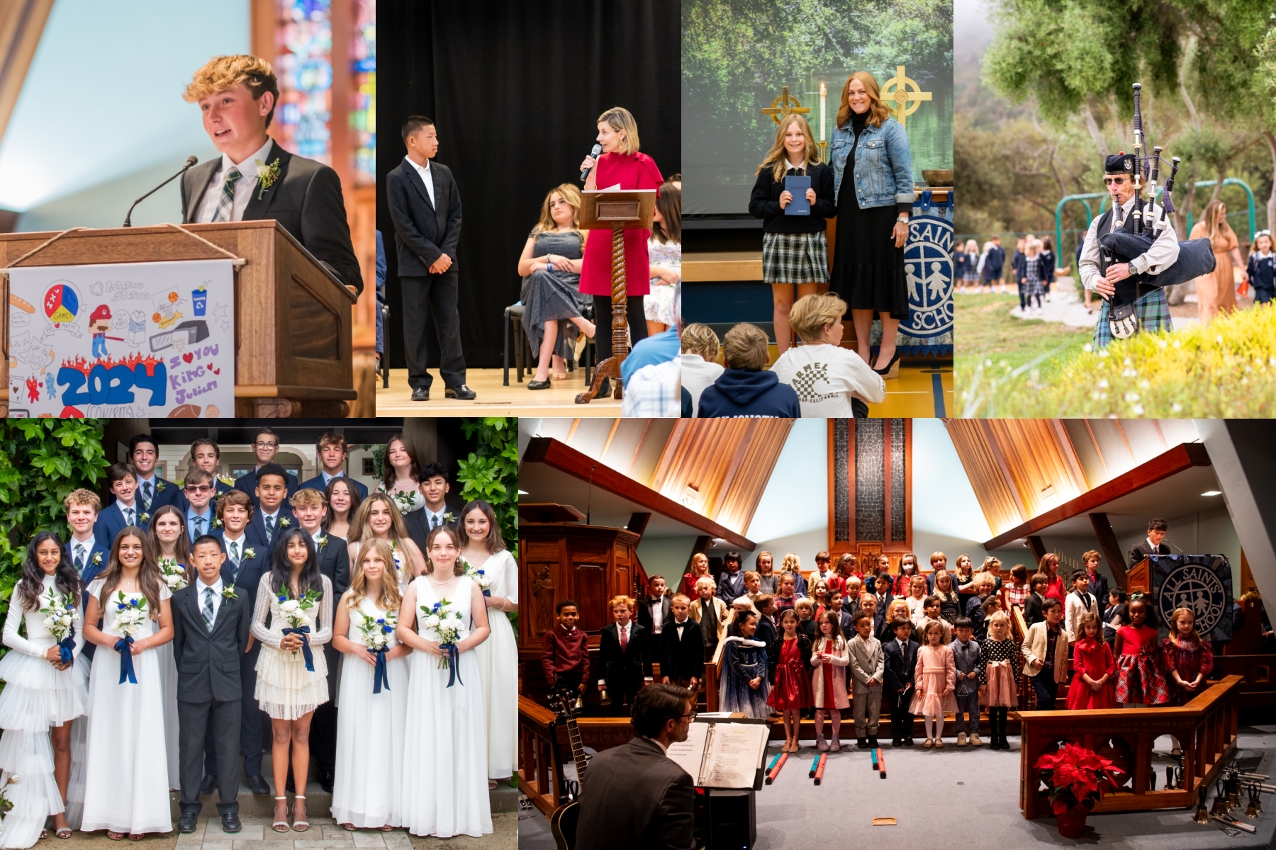 Multiple photos of students at an event: speaking, performing, and posing in a formal setting.