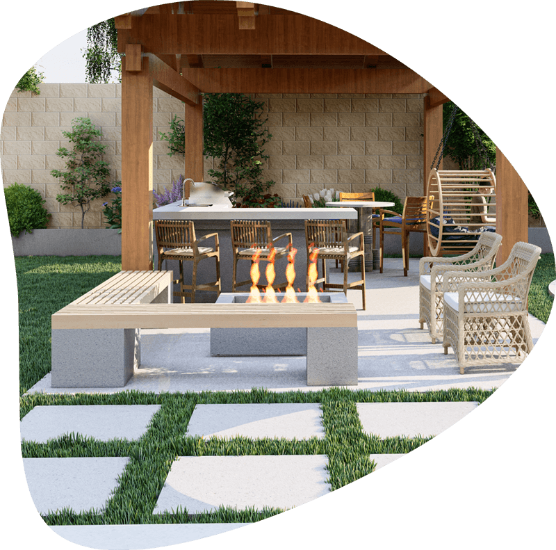 modern design outdoor lounge with pool and beautiful landscape