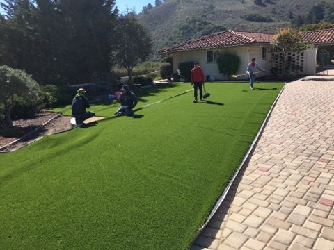 A group of people are working on a lawn in front of a house.