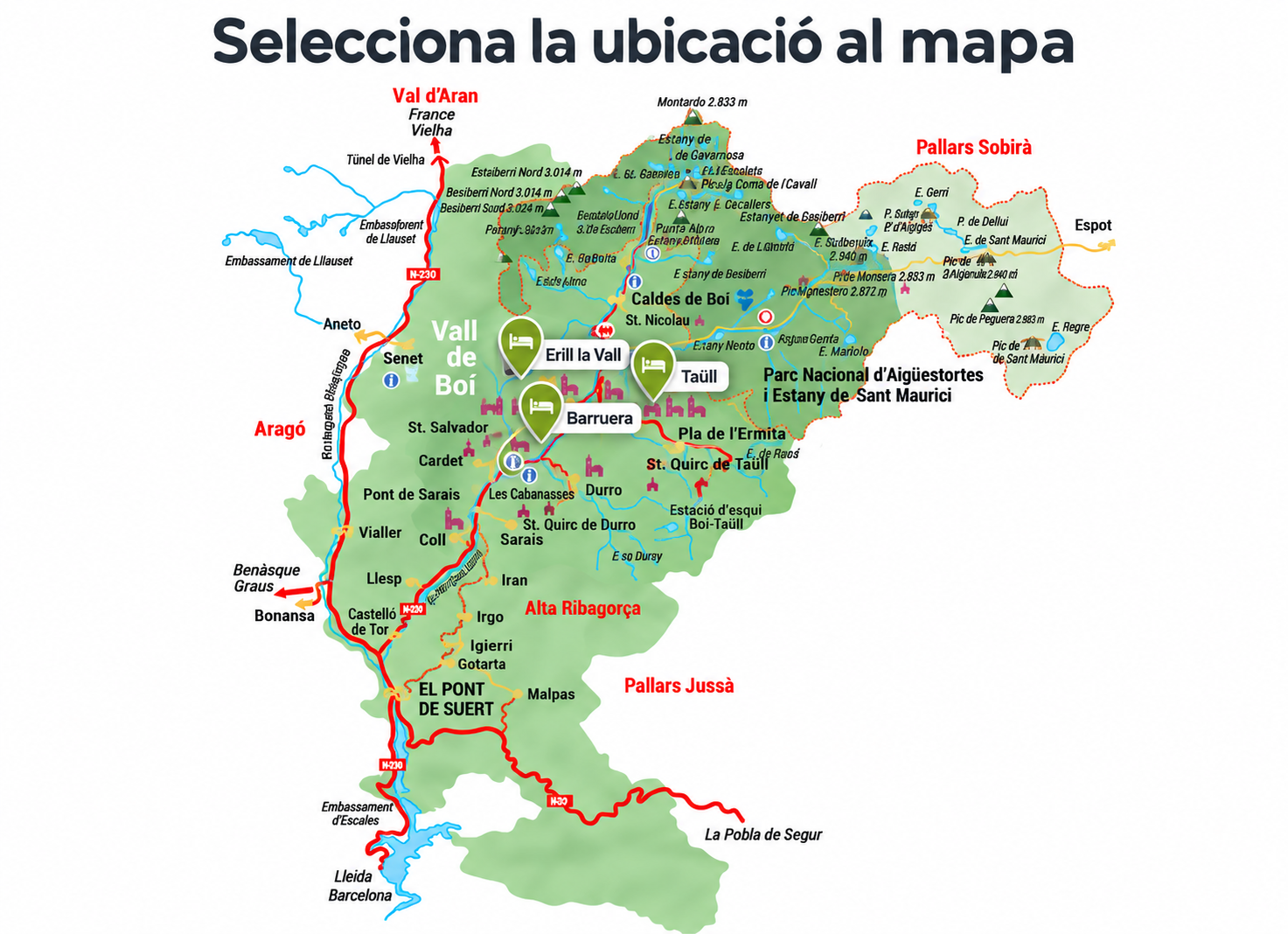 Mapa de la Vall de Boí amb Barruera, Erill la Vall i Taüll