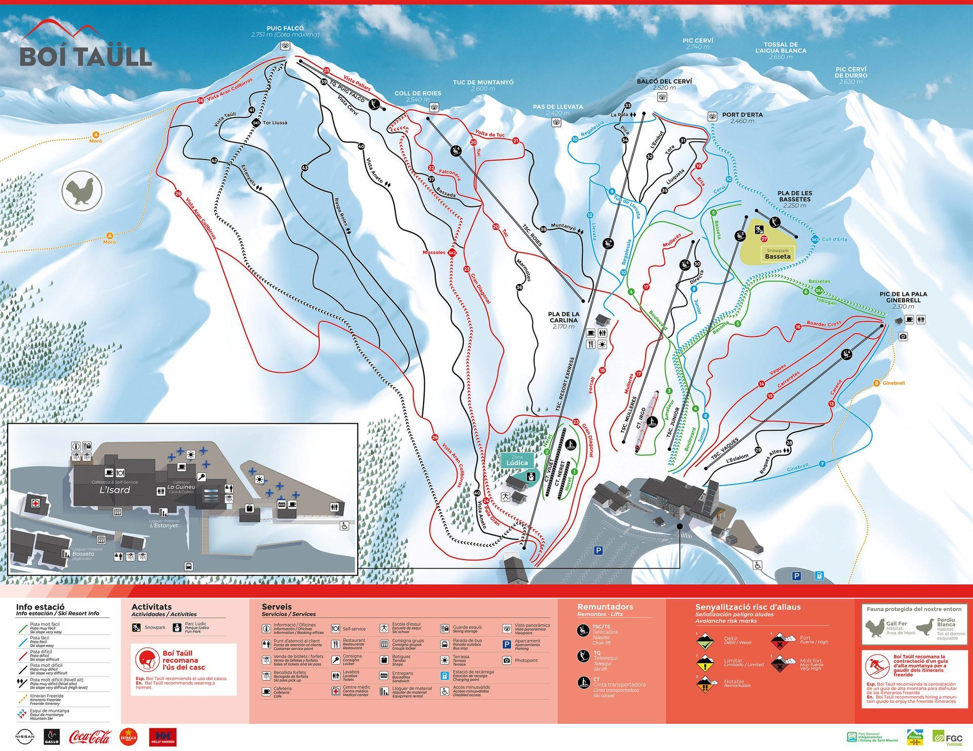 Plan des pistes d’une station de ski enneigée, avec remontées mécaniques, pistes et légende des équipements, en bleu, rouge et noir.
