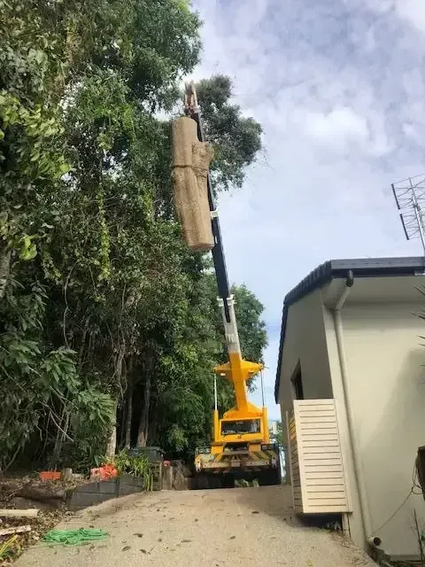 A Yellow Crane is Cutting a Tree in Front of a House — Coastal Arborist Services in Proserpine, QLD