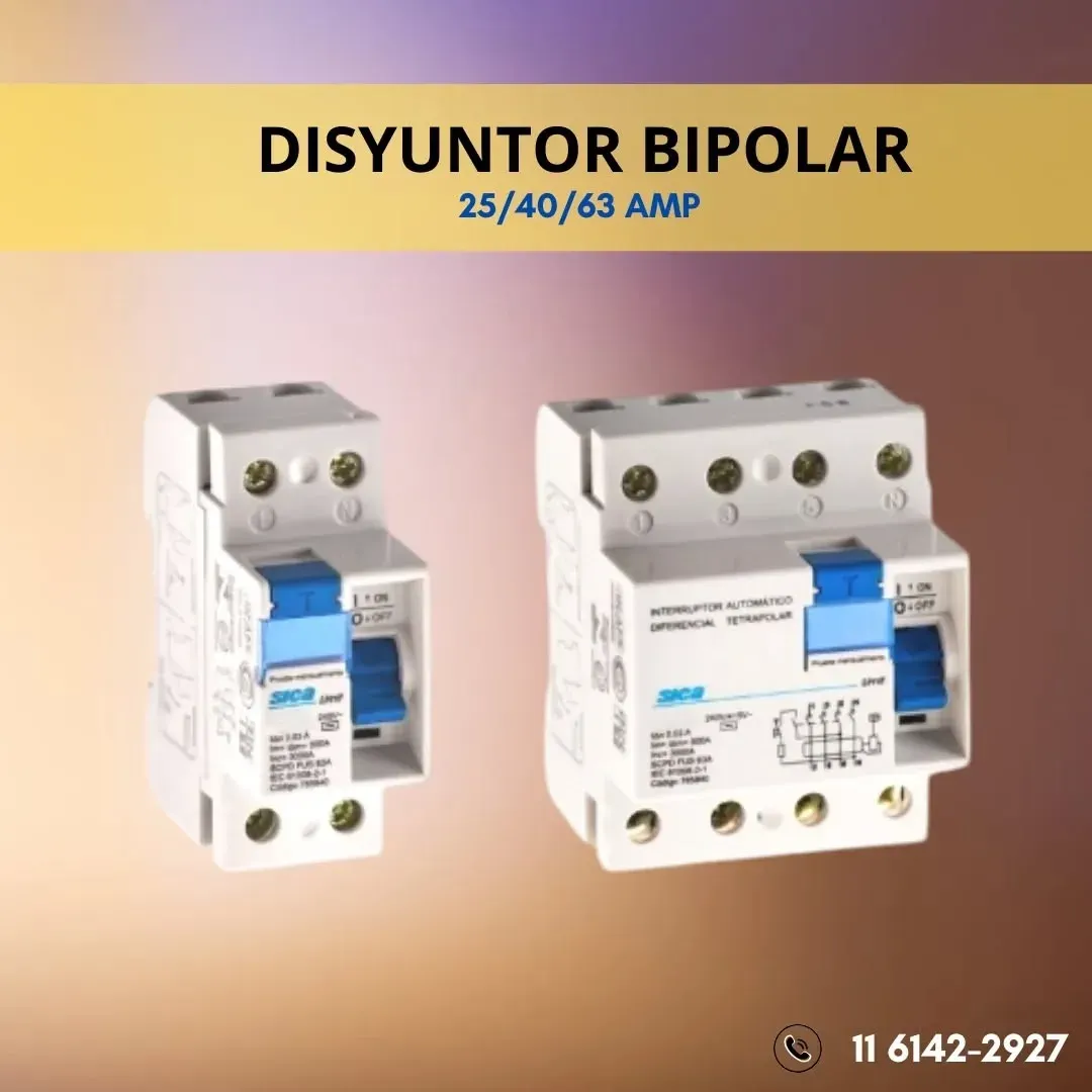Disyuntores bipolares. Texto en blanco, azul y negro en las etiquetas del producto, sobre un fondo degradado.