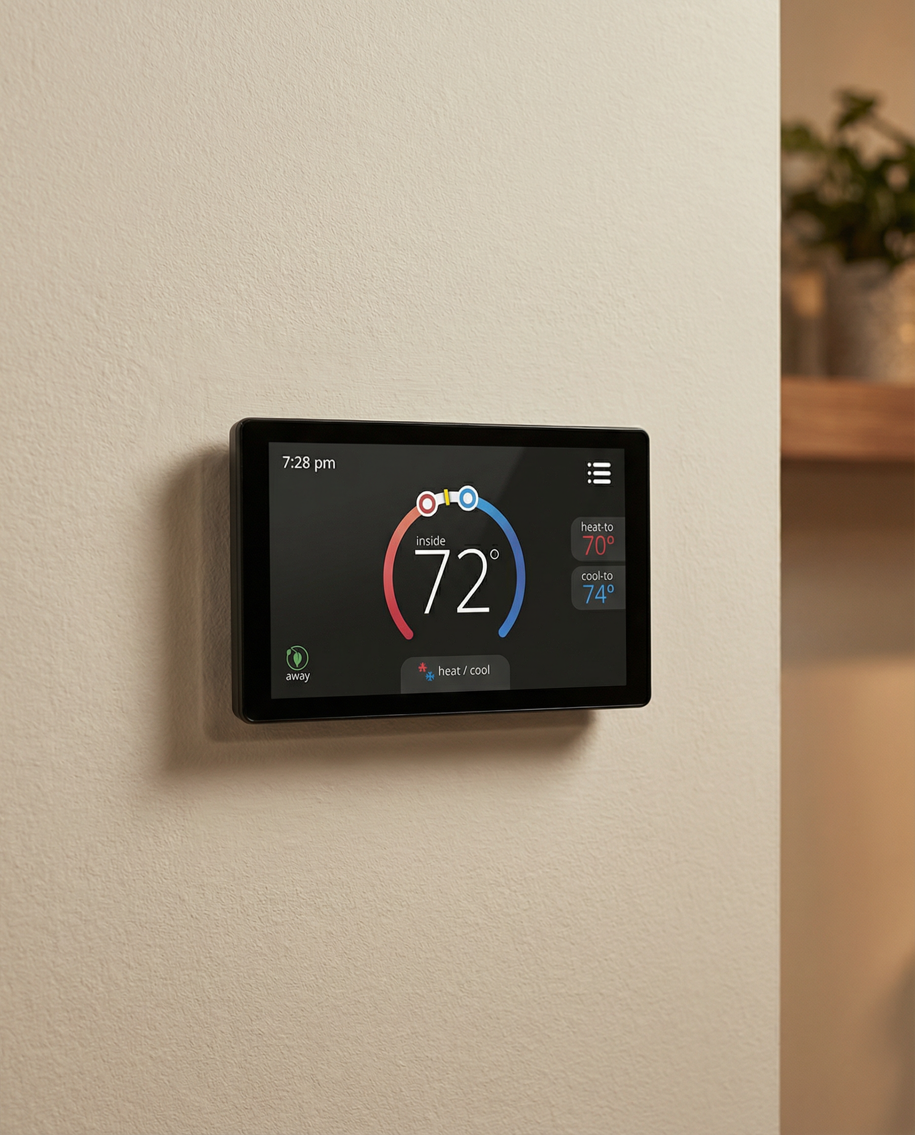Smart thermostat on a beige wall, displaying 72 degrees.
