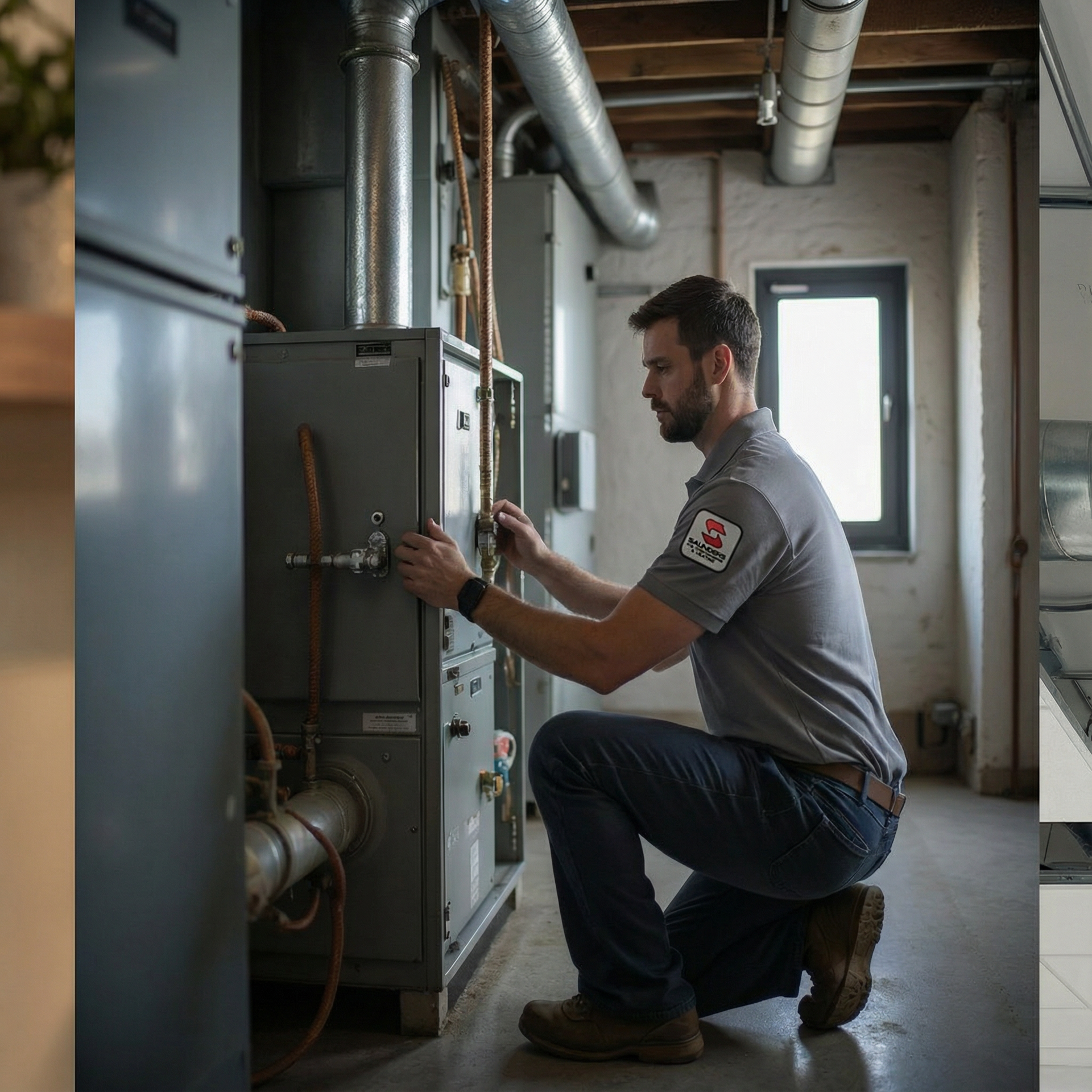 Technician inspecting HVAC unit. Kneeling, wearing gray shirt, in utility room.