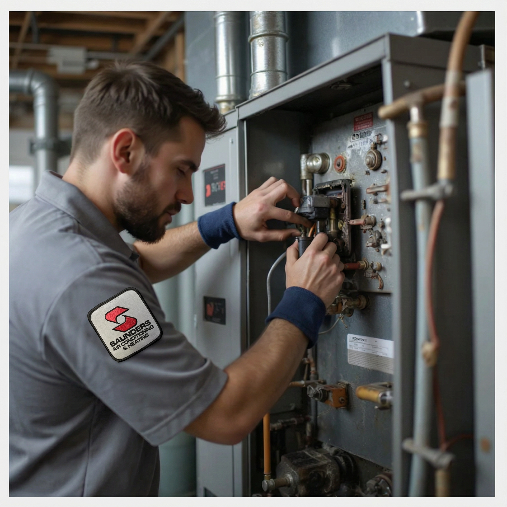 Technician in gray shirt works on machinery in an industrial setting.