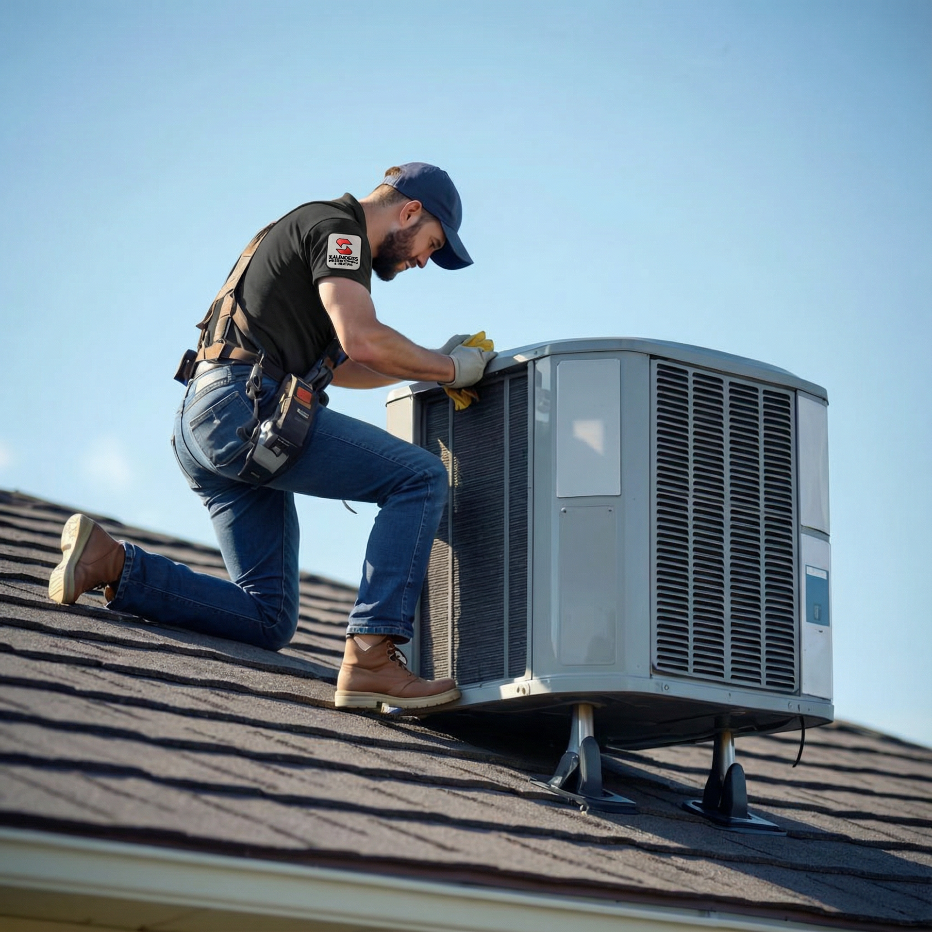 HVAC technician on a roof, working on an air conditioning unit. Sunny day, blue sky.