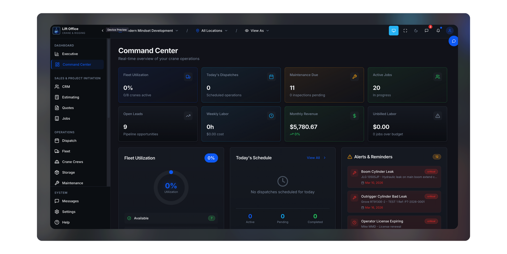 Dark-themed analytics dashboard with sidebar navigation and multiple data cards, charts, and status panels