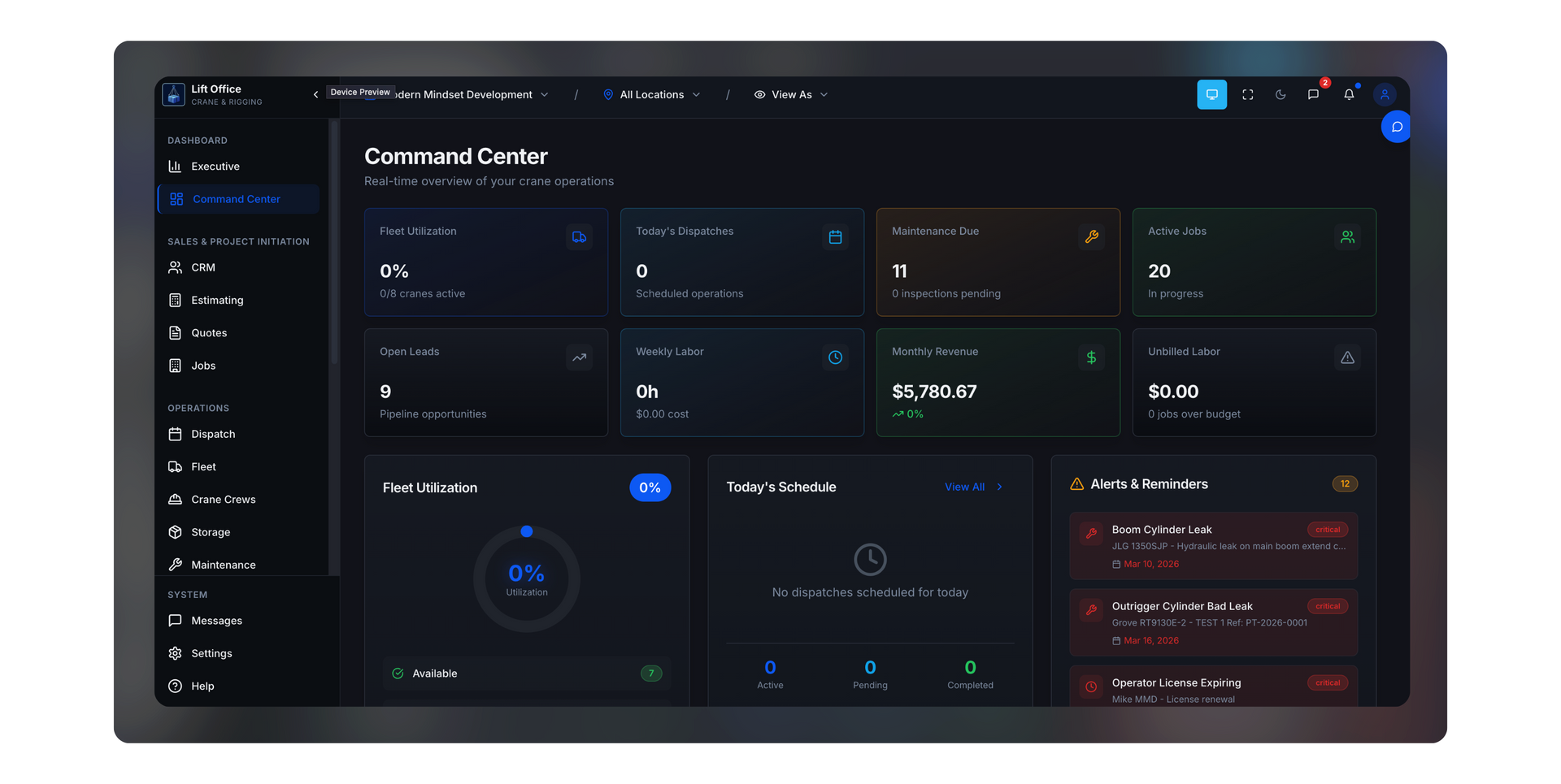 Dark-themed analytics dashboard with sidebar navigation and multiple data cards, charts, and status panels