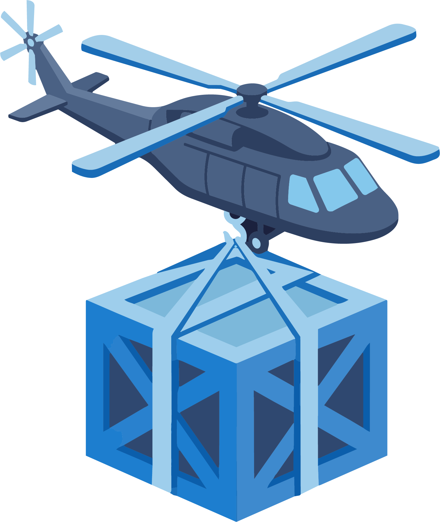 Blue helicopter carrying a blue cargo crate suspended underneath