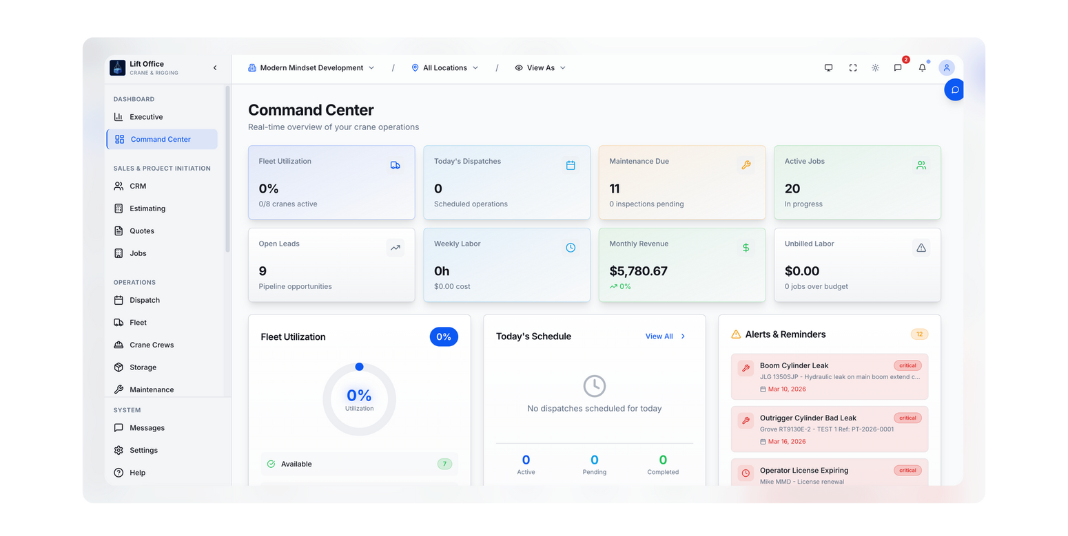 Web app dashboard with left sidebar, summary cards, charts, and alerts on a clean light interface