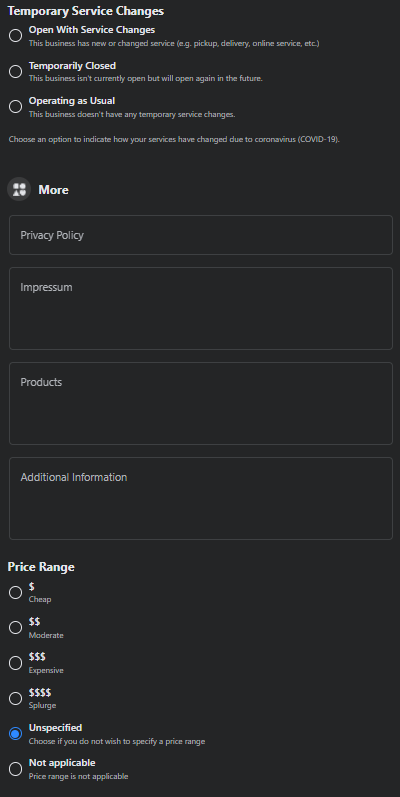 A screenshot of a temporary service change form on a website.