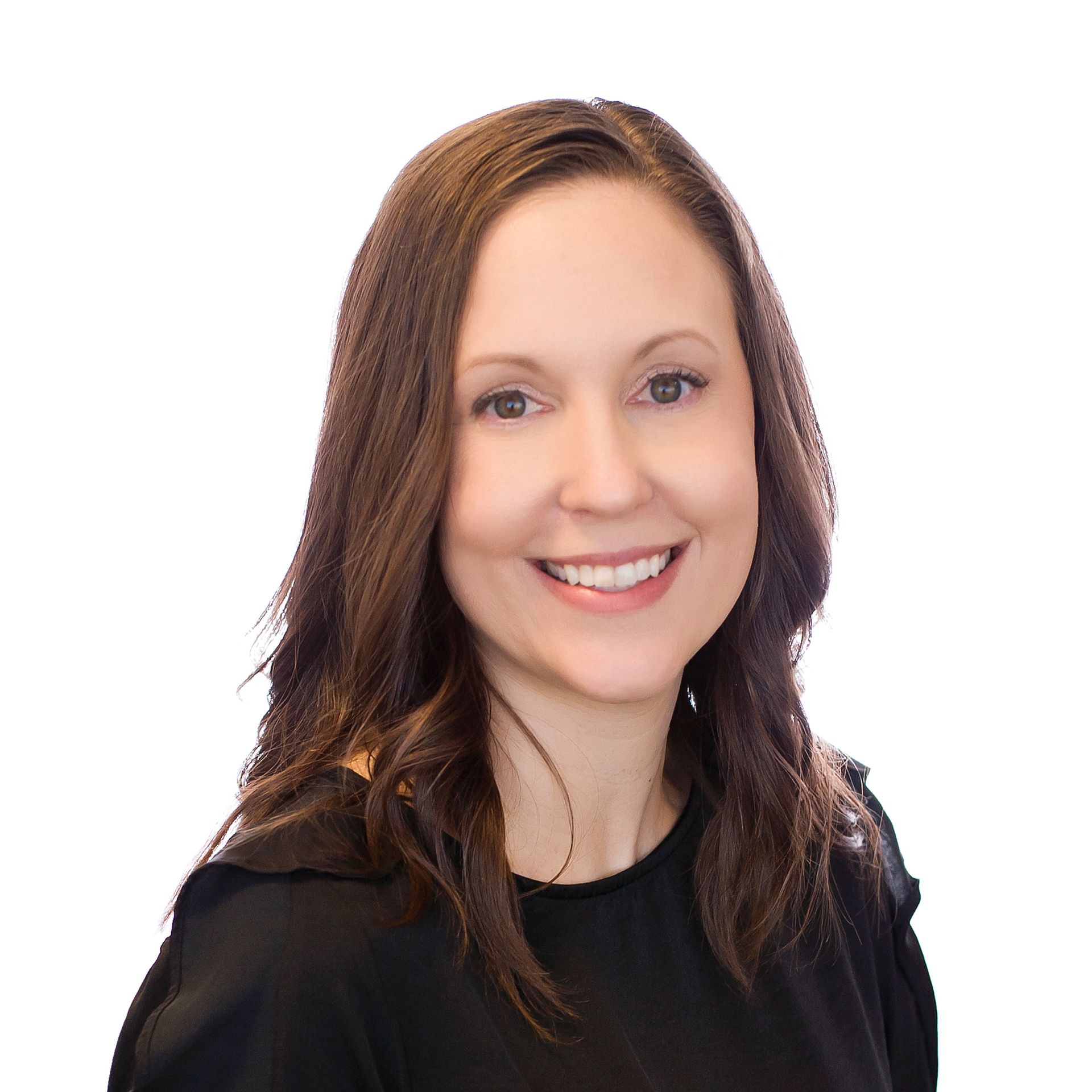 A woman with long brown hair is smiling and wearing a black shirt.