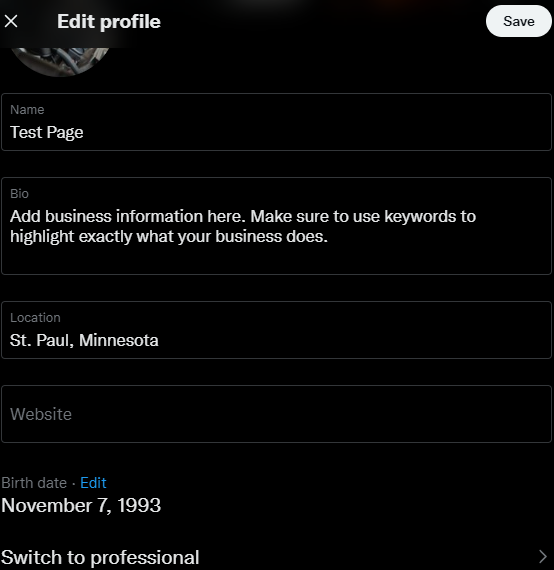 A screen that says edit twitter profile on it