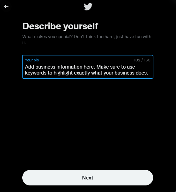 A screenshot of a twitter app asking you to describe yourself.