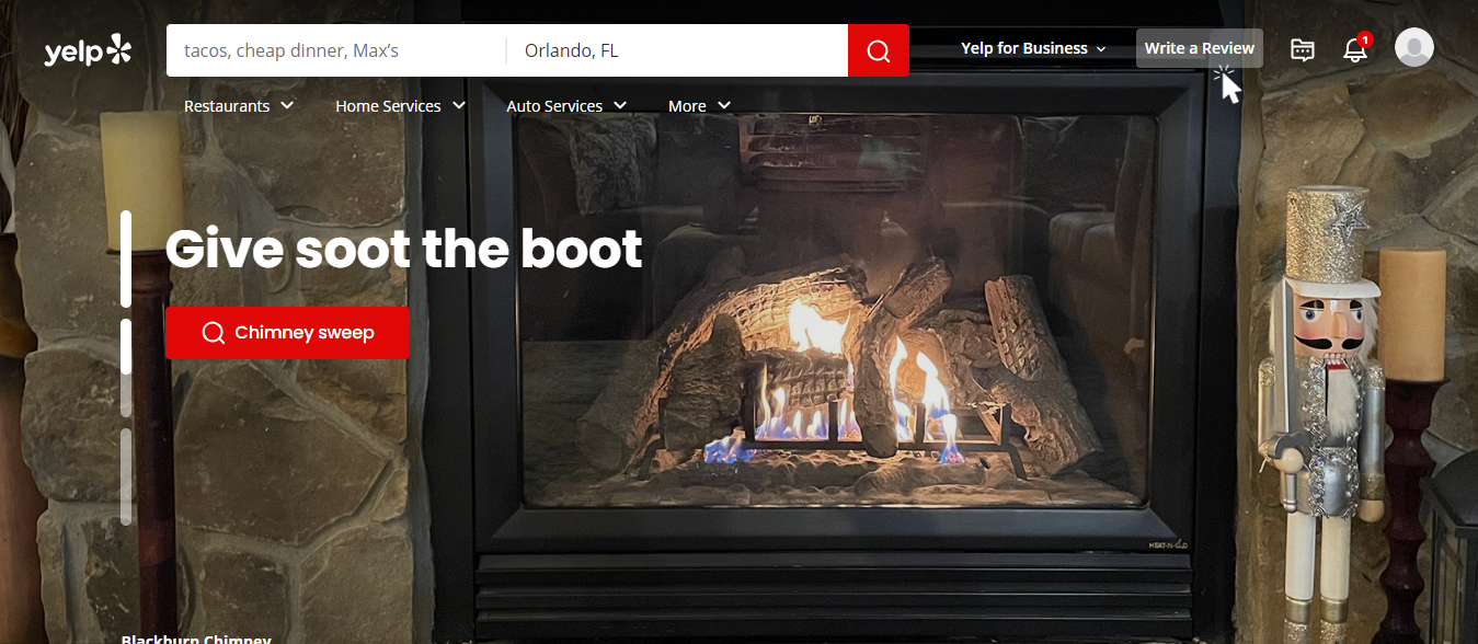 A screenshot of the yelp homepage as a starting point to leave a yelp review
