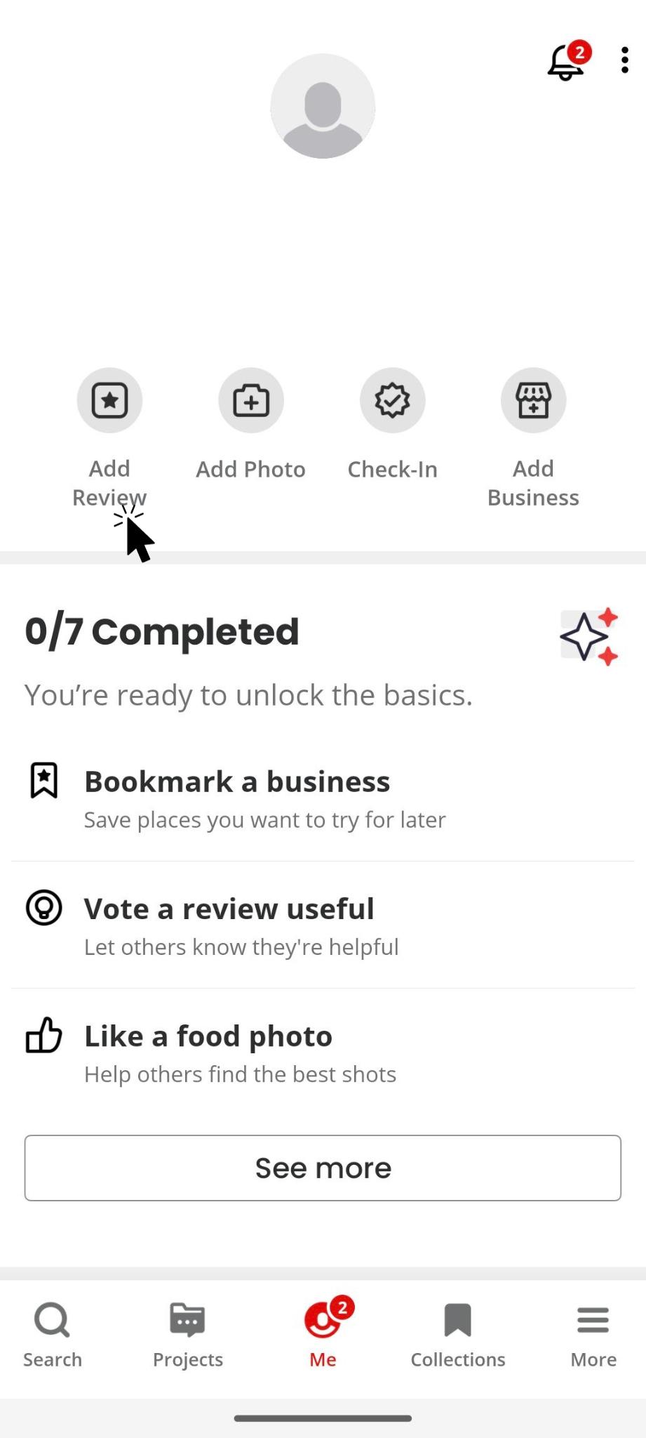 A screenshot of the yelp profile on mobile