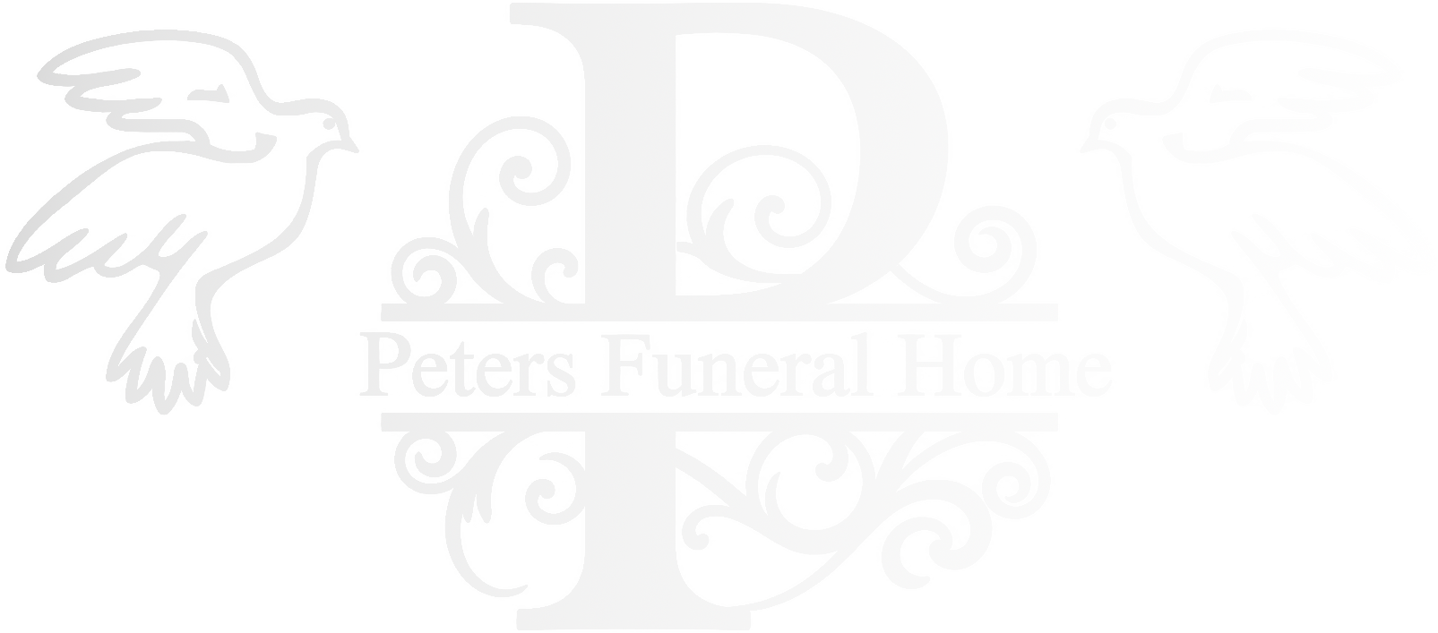 Peters Funeral Home logo in light gray with winged dove and ornate letter P