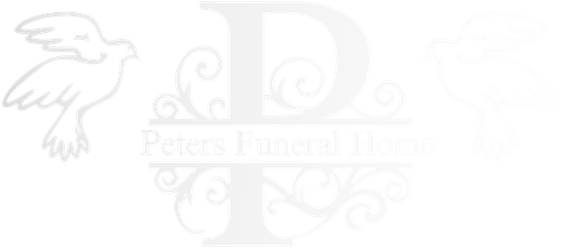 Peters Funeral Home logo in light gray with winged dove and ornate letter P