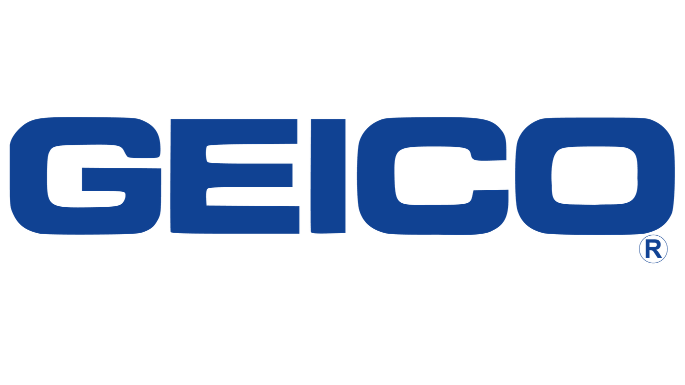 Geico logo: Blue rectangular text, 