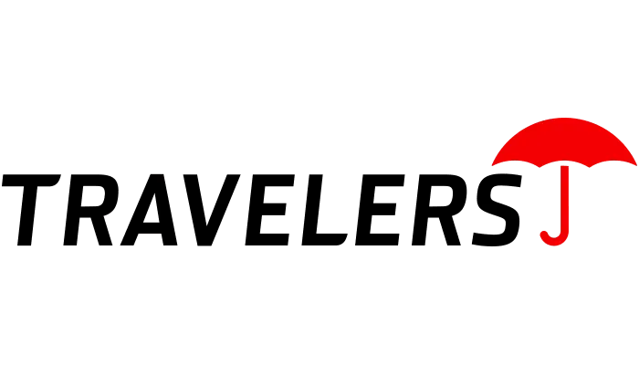 Travelers Insurance logo: black text with a red umbrella over the 