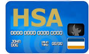 Blue HSA card with gold lettering, card number, name, date, and payment logo