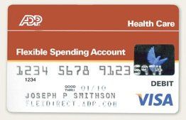 ADP Health Care flexible spending account Visa debit card with bird design and embossed account details