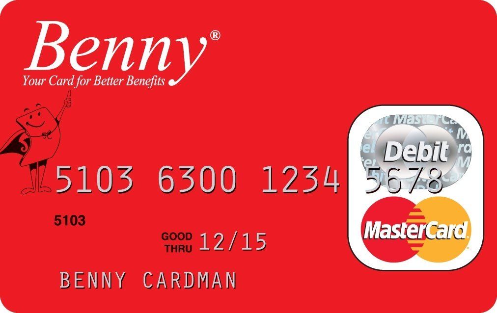 Red Benny MasterCard debit card with card number and Benny Cardman name on a red background