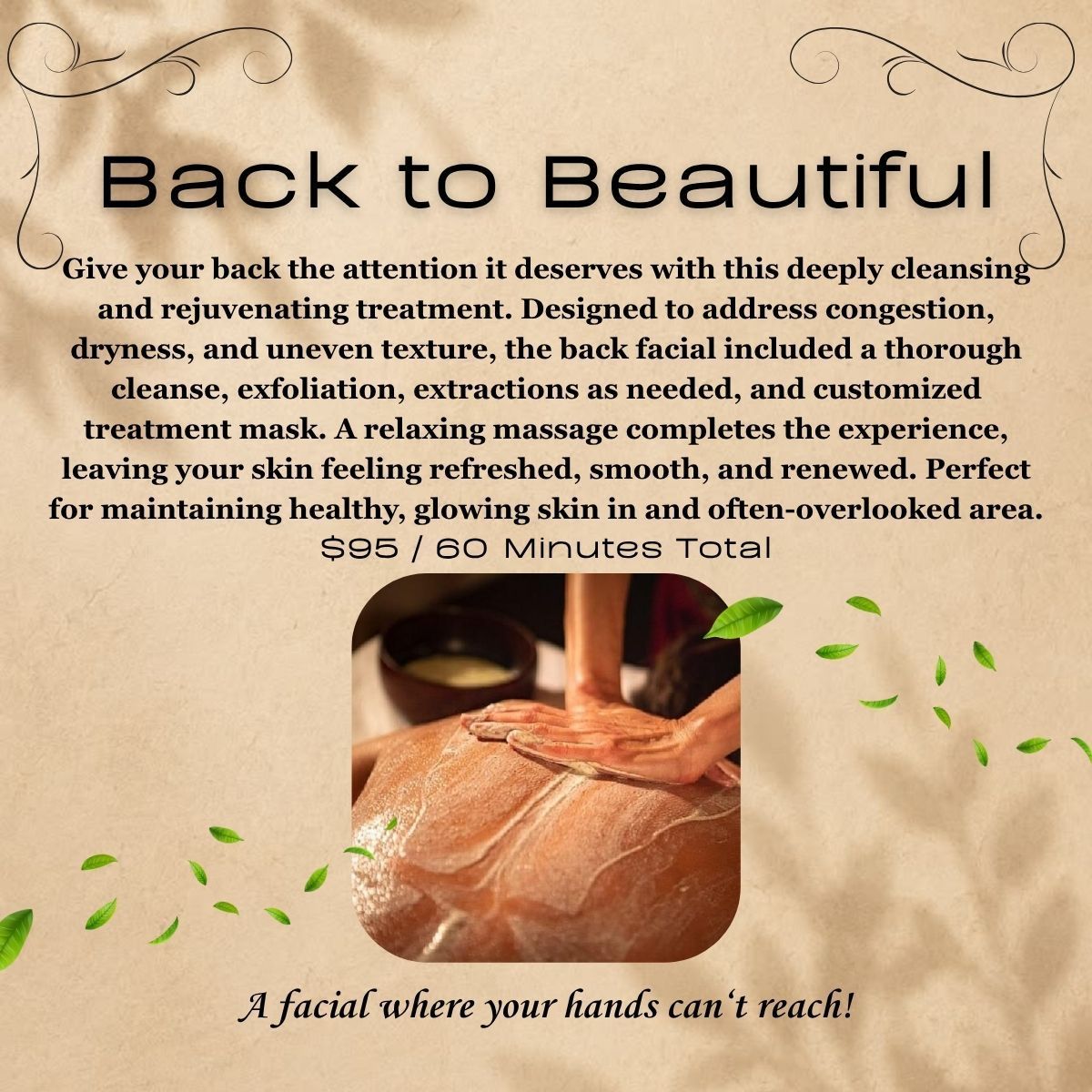 Promotional poster for a summer herbal massage with pink background, candles, bowls, and a relaxing spa scene