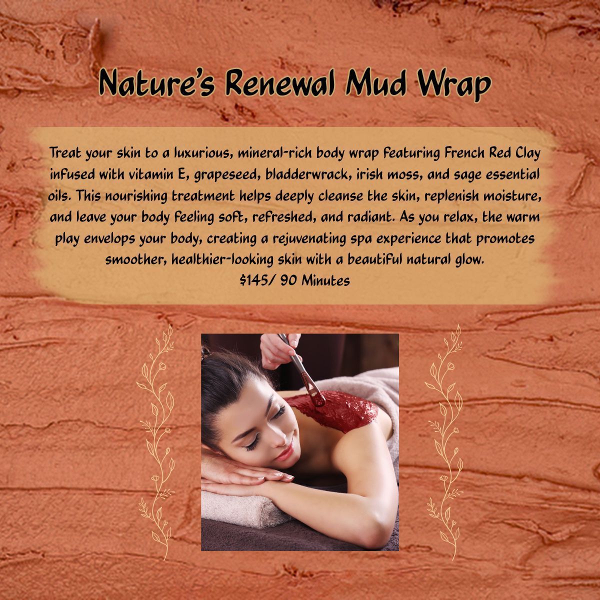 Promotional flyer for Tangerine Basil Bliss Massage with citrus graphics and a massage photo, priced $100 for 60 minutes